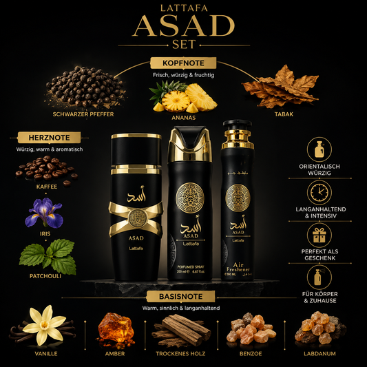 Lattafa Asad Set – Eau de Parfum 100 ml + Deo 200 ml + Lufterfrischer 300 ml