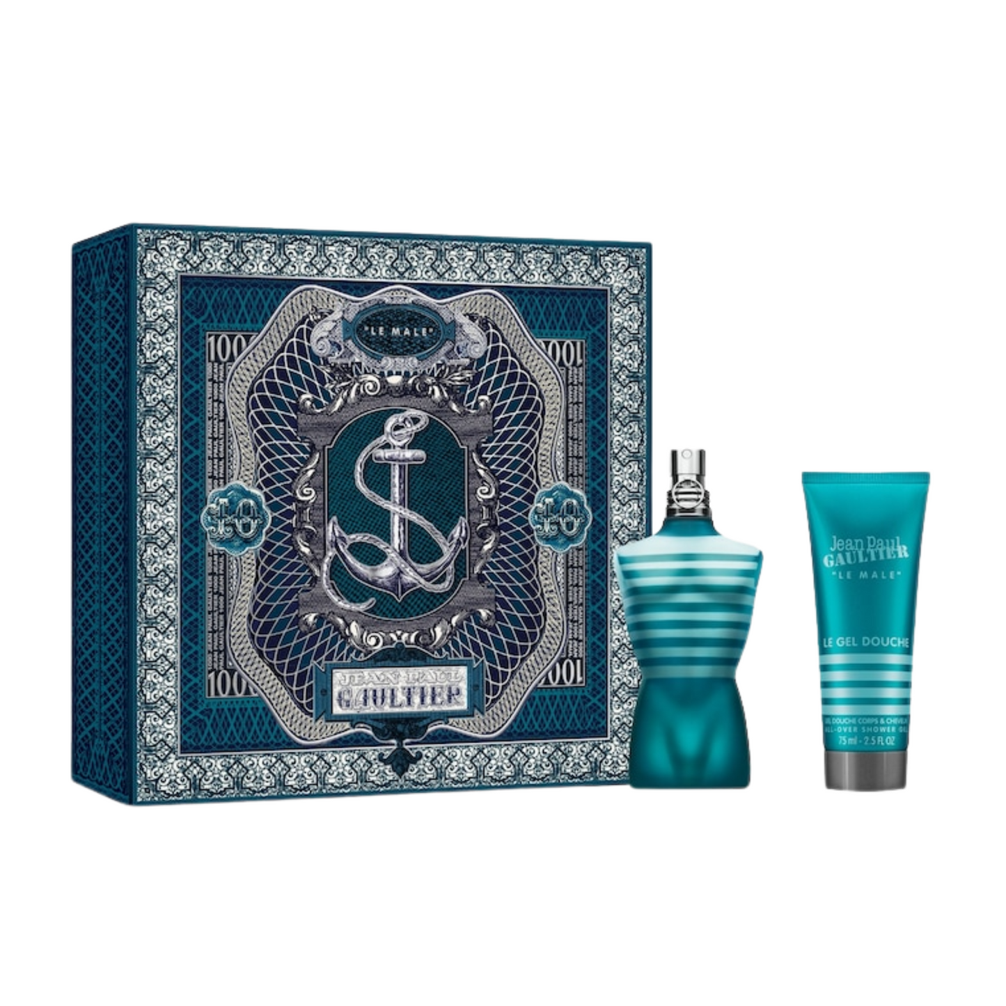 Gesamtansicht des Jean Paul Gaultier Le Male Geschenksets mit Eau de Toilette und Shower Gel