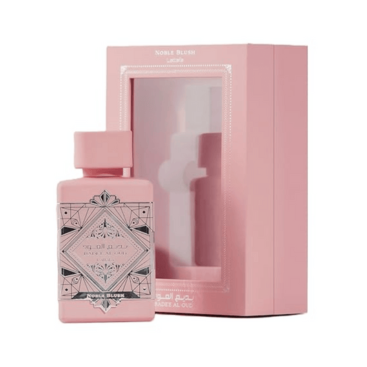Flakon von Lattafa Badee Al Oud Noble Blush Eau de Parfum 100 ml mit Verpackung pink