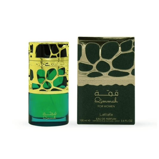 Flakon von Lattafa Qimmah Eau de Parfum 100 ml – orientalischer Unisexduft
 mit Verpackung grün