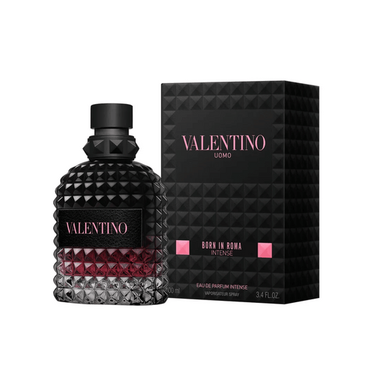 Valentino Uomo Born in Roma Intense Eau de Parfum 100 ml – Herrenduft mit Vanille, Amber und Lavendel mit der Verpackung rechts daneben