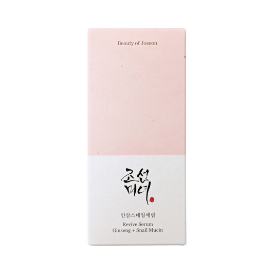 Beauty of Joseon Revive Serum Ginseng + Snail Mucin 30ml Flakon mit beiger Textur Verpackung pink