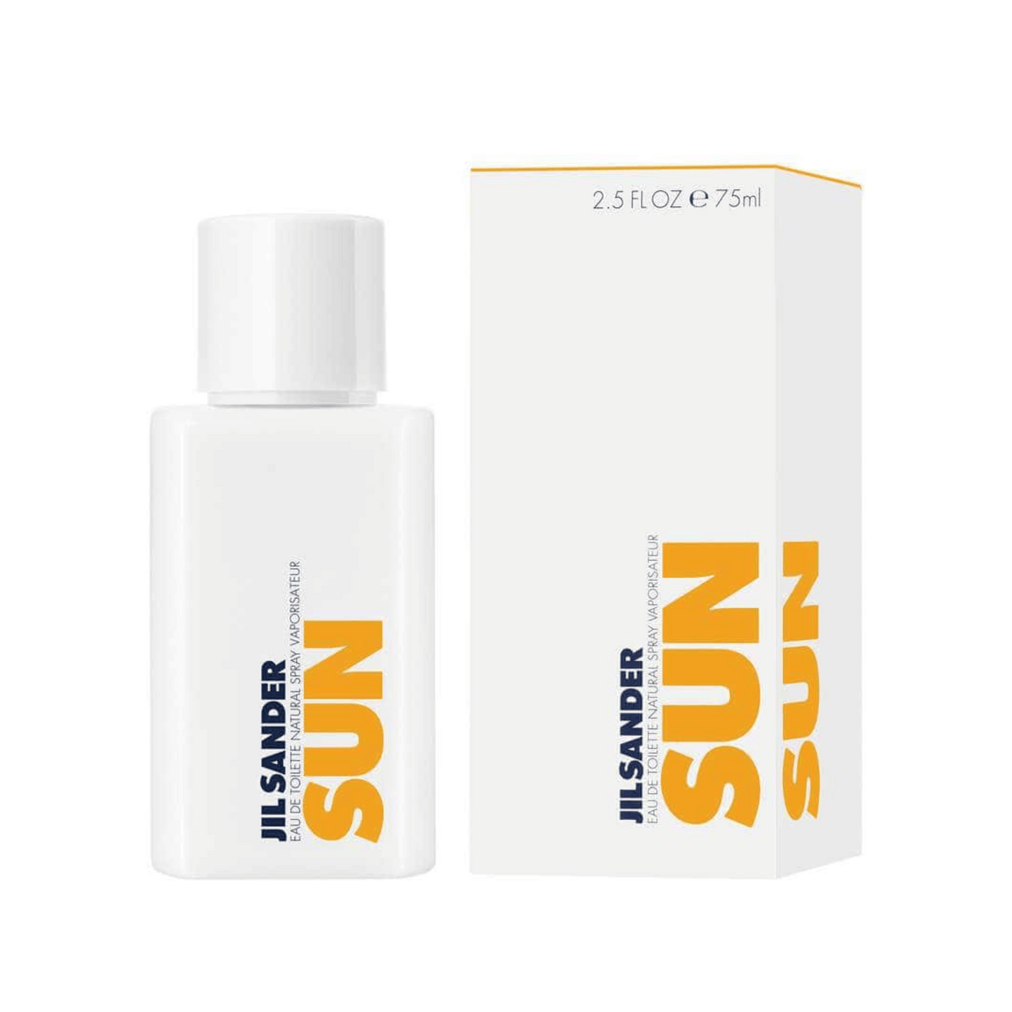 Jil Sander Sun Eau de Toilette 75 ml Flakon mit sommerlichem Design
 nebst Verpackung weiß gelb
