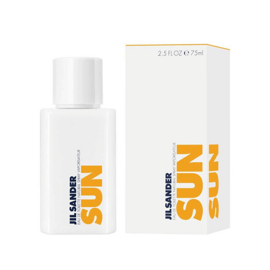 Jil Sander Sun Eau de Toilette 75 ml Flakon mit sommerlichem Design
 nebst Verpackung weiß gelb