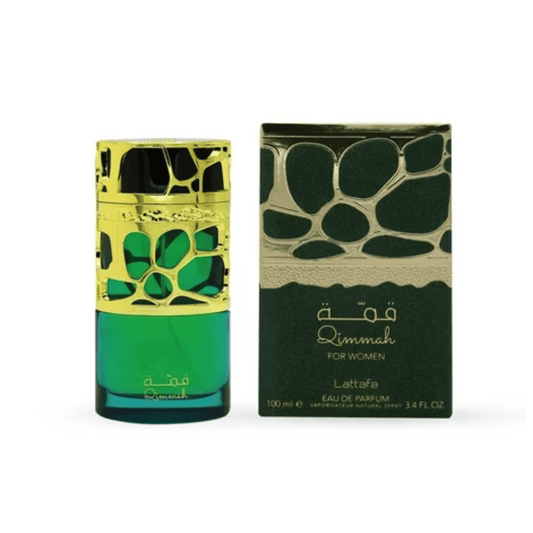 Flakon von Lattafa Qimmah Eau de Parfum 100 ml – orientalischer Unisexduft
 mit Verpackung grün