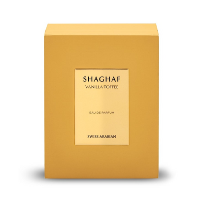 Nahaufnahme des Parfums Shaghaf Vanilla Toffee mit Verpackung