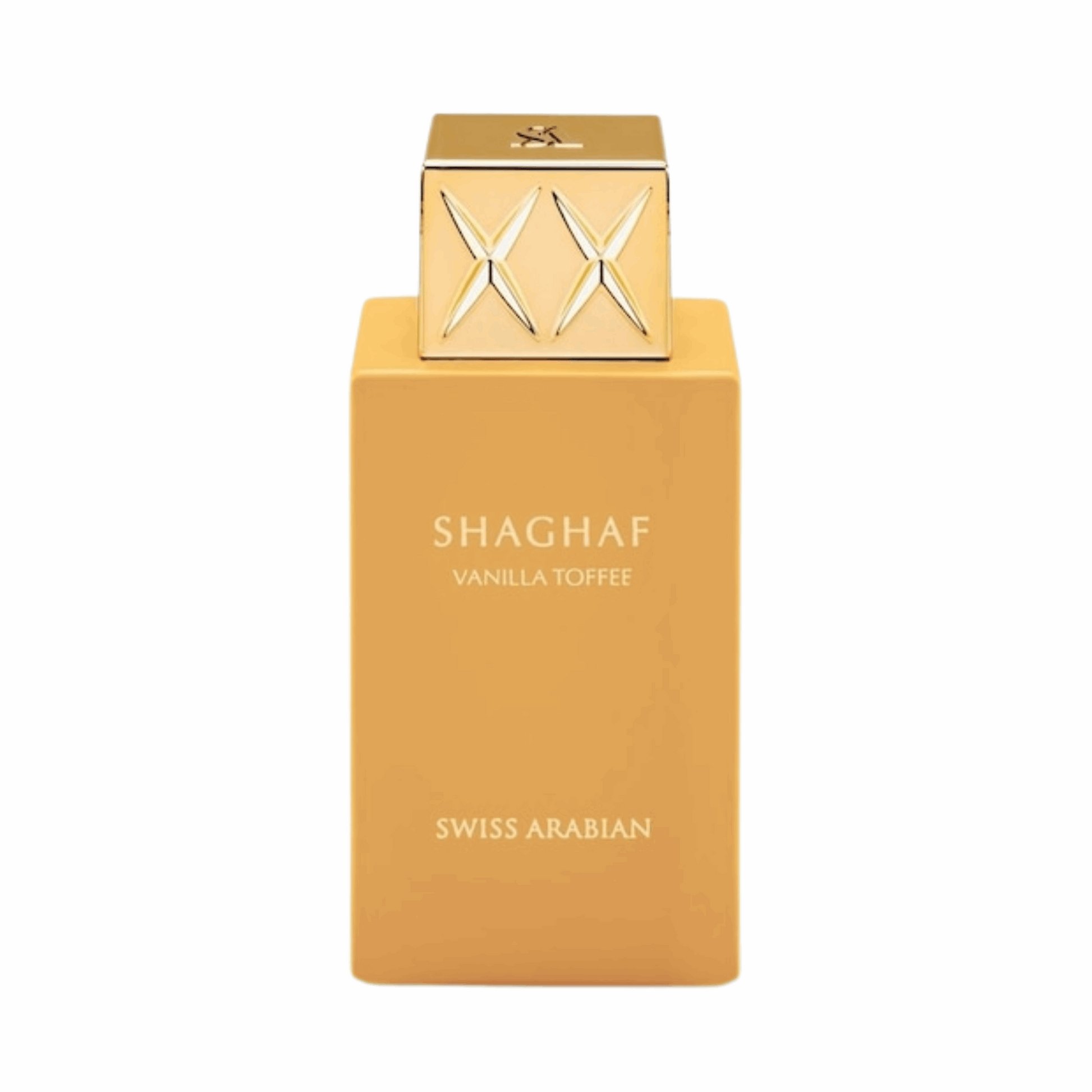 Flakon von Swiss Arabian Shaghaf Vanilla Toffee vor weißem Hintergrund