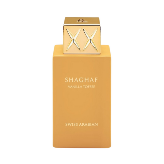 Flakon von Swiss Arabian Shaghaf Vanilla Toffee vor weißem Hintergrund