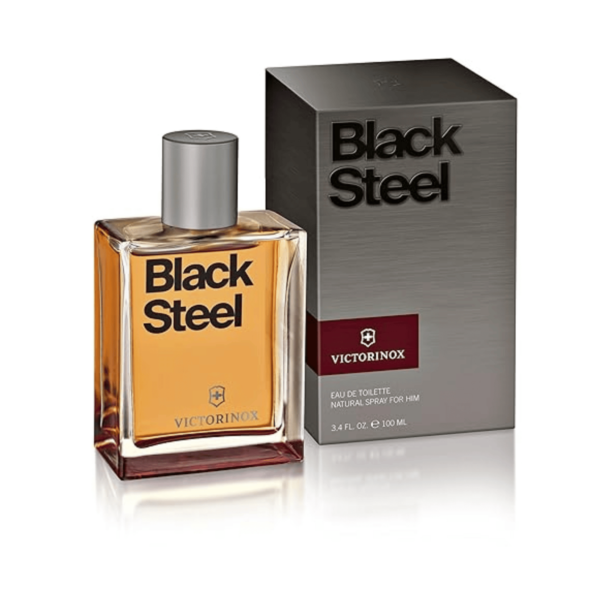 Victorinox Black Steel Eau de Toilette 100ml Flakon vor schwarzem Hintergrund nebst Verpackung